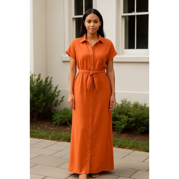 Worthington PM Modest Tie Waist Button Shirt Dress Orange Career Work Petite - Picture 2 of 13